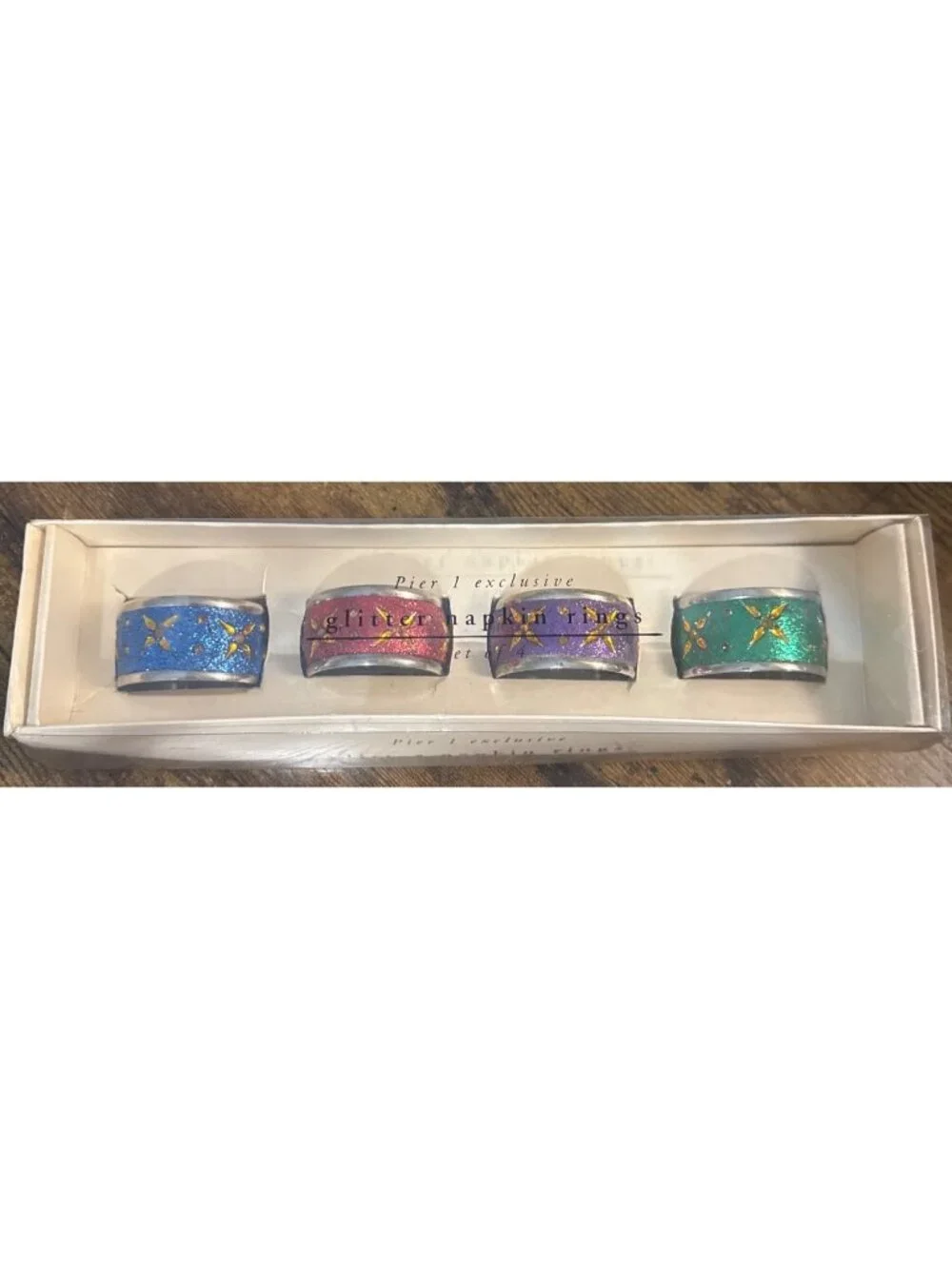 4 Pier 1 Glitter Napkin Rings NEW Nickel-plated Christmas